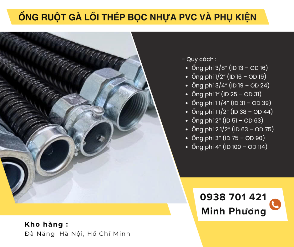 Ống Ruột Gà Lõi Thép Bọc Nhựa PVC Và phụ kiện ống kẽm giá tốt sẵn kho Đà Nẵng